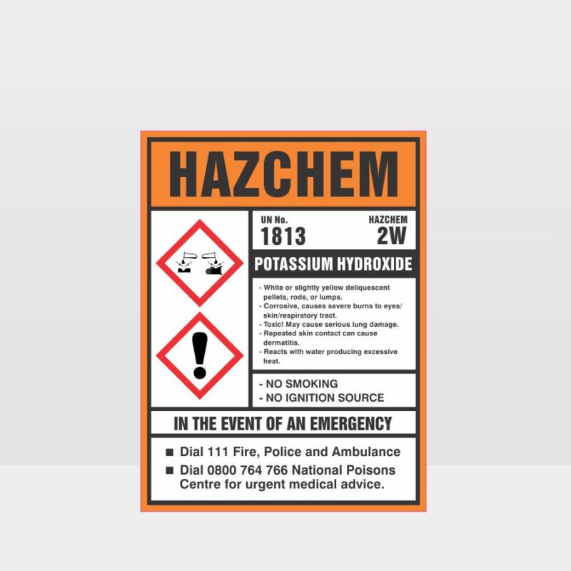 2W Un No 1813 Potassium Hydroxide HAZCHEM Sign